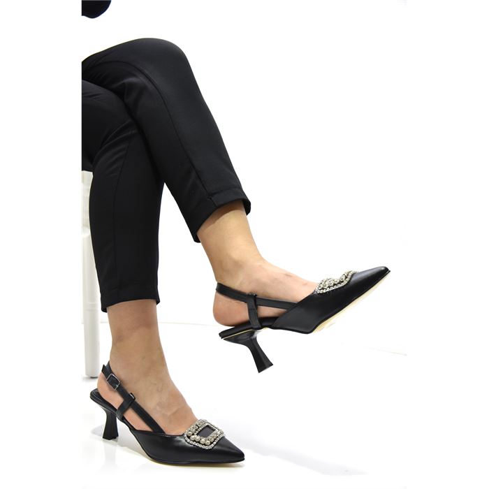 Prego Önü Kapalı Taş Detaylı Topuklu Kadın Ayakkabı SİYAH