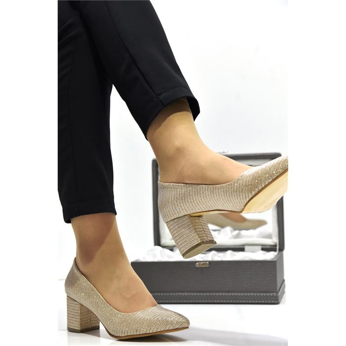 Prego D8871 Topuklu Simli Kadın Ayakkabı ALTIN